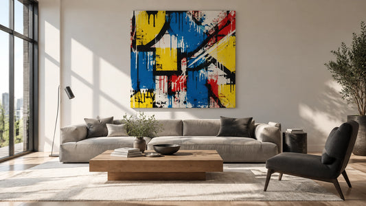 Photorealistic contemporary living room with one large abstract pop art canvas, muted furniture, architectural daylight and g