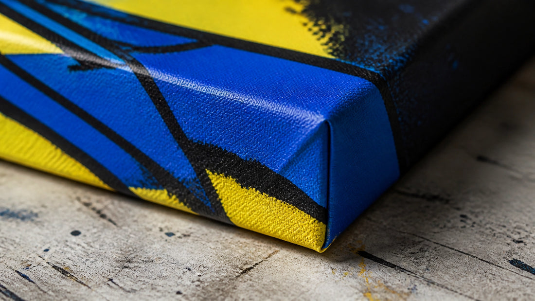 Macro close-up of a vibrant gallery-wrapped canvas corner showing tightly tensioned fabric, a deep edge and staple-free prese