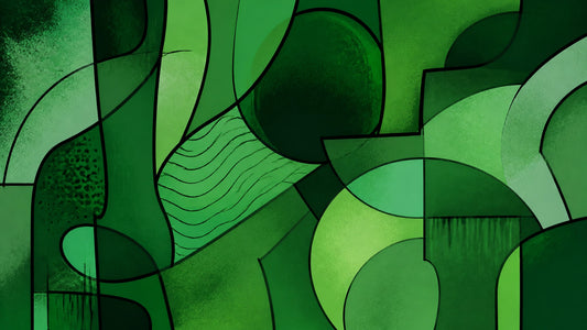 Full-bleed abstract emerald-green artwork built from layered flat colour fields, subtle spray texture and black contour lines