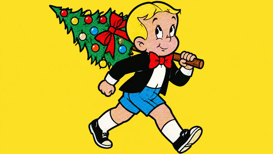 Richie Rich action pose carrying a tiny fir-tree over one shoulder in bold money wall art winter style, holiday statement art