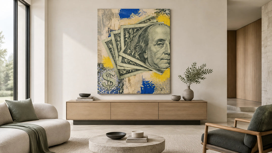 Serene modern living room with a sophisticated money-themed canvas, calm neutral palette and open space
