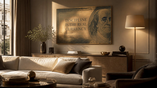 Quiet-luxury editorial living room at golden hour with warm 2700K lamplight, a textured sofa, brass lamp and bold Money Wall 