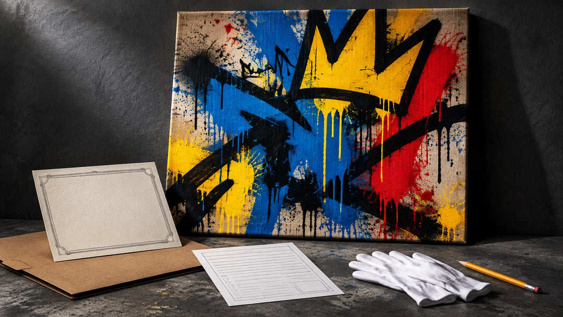 Character-free editorial still life of a colourful street-art canvas beside a certificate of authenticity, archival folder an