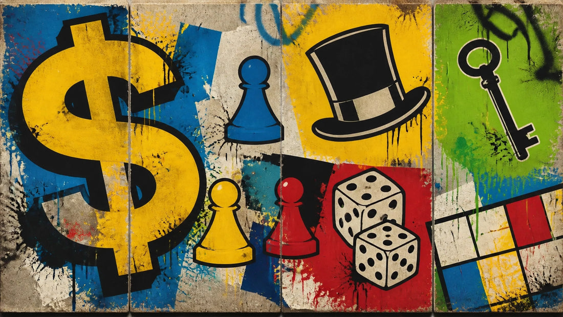 Graphic symbol-study collage of a dollar sign, generic board-game tokens, a top hat and geometric property marks painted acro