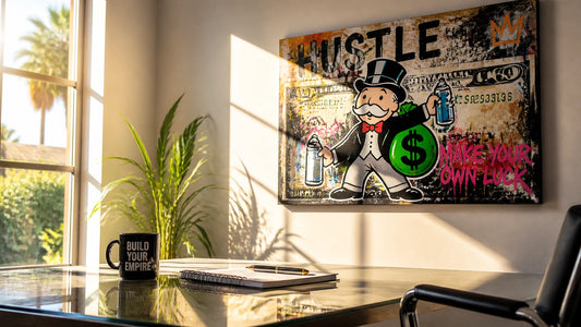 Photoreal Sunday morning desk corner with golden window light, notebook, coffee cup, and a bold money-themed canvas glowing o