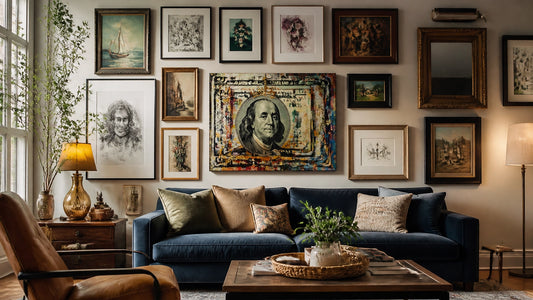 Photoreal warm living-room wall hung salon-style with varied framed artworks in gold, black, and wood around one central bold