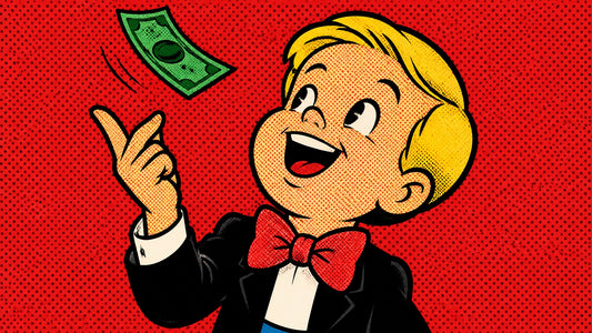 Richie Rich inspired chest-up portrait laughing with head tilted back and flicking a single banknote against deep red halfton