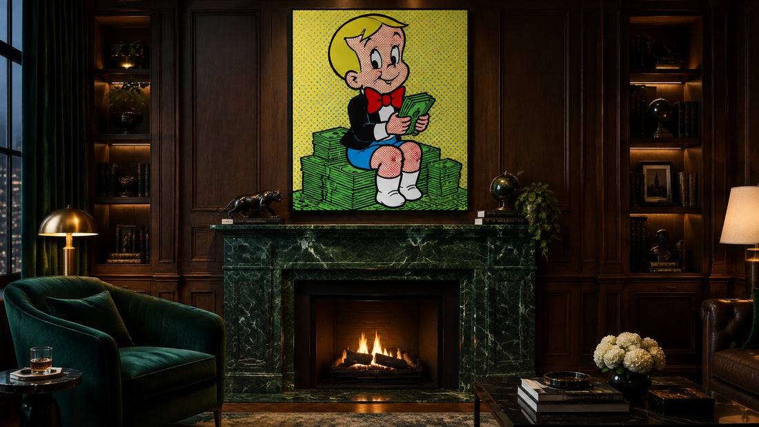 Richie Rich art above a deep green marble fireplace mantel in a moody lounge, money wall art and fireplace mantel styling pop
