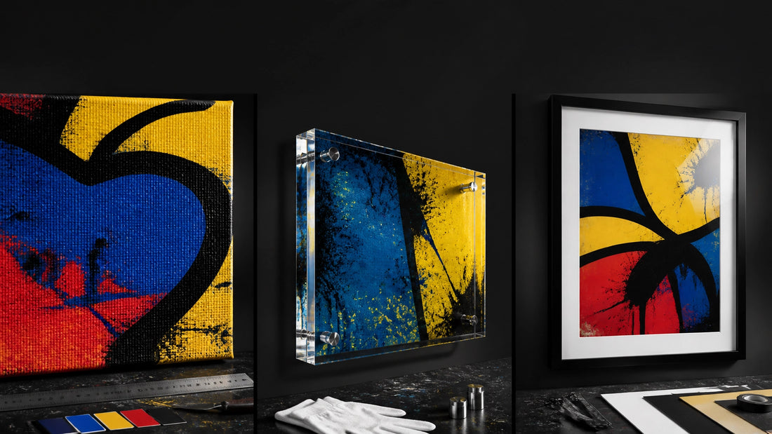 Three-panel comparison of textured original canvas, 3D acrylic wall art edge, and framed poster glazing in a street-art studi