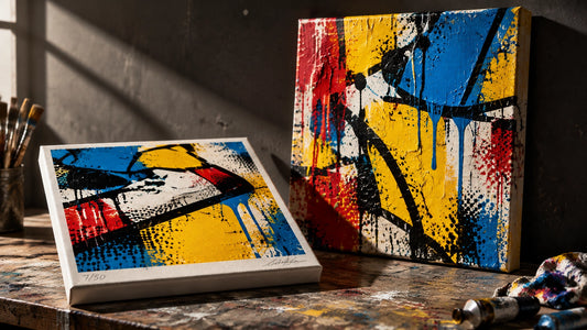 Editorial comparison of a numbered pop art canvas edition beside a one-of-one hand-painted canvas under dramatic side lightin