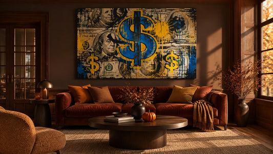 Character-free autumn living room with bold money wall art above a rust velvet sofa, amber light, walnut details and warm sea