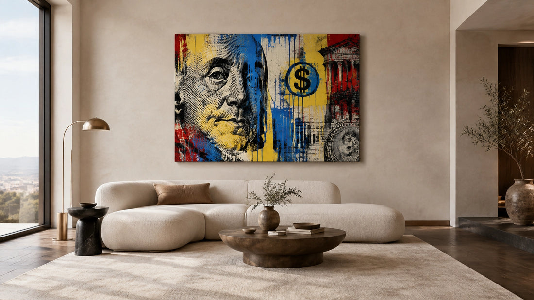 Elegant quiet-luxury lounge with a bold blue, yellow and red money-themed canvas above a cream sofa