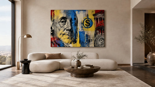 Elegant quiet-luxury lounge with a bold blue, yellow and red money-themed canvas above a cream sofa