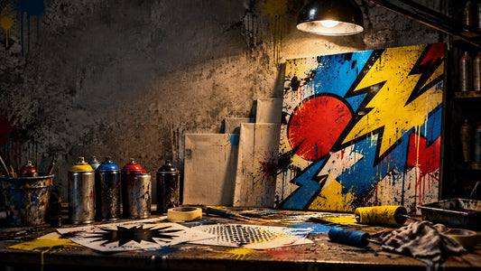 Character-free FFUR studio scene with spray cans, stencils, raw canvases and a bold finished pop-graffiti canvas under dramat