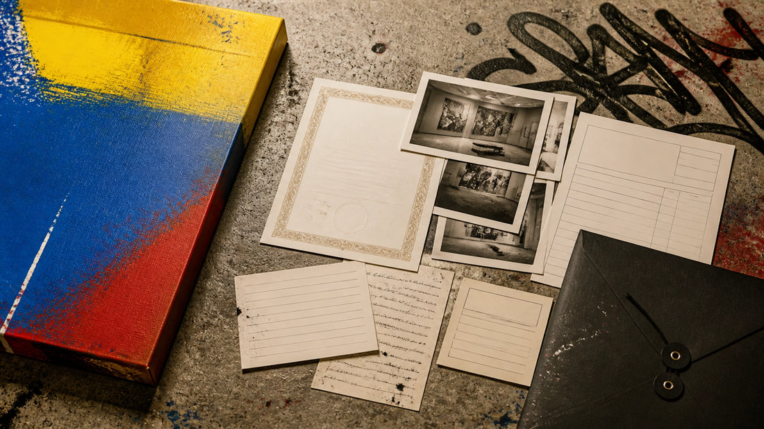 Editorial flat-lay of provenance documents, certificate of authenticity, archive photographs and a colourful original canvas 