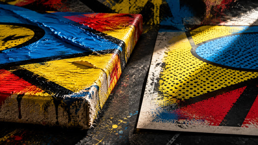 Dramatic macro comparison of raised painted canvas texture beside a flat printed poster surface under raking light