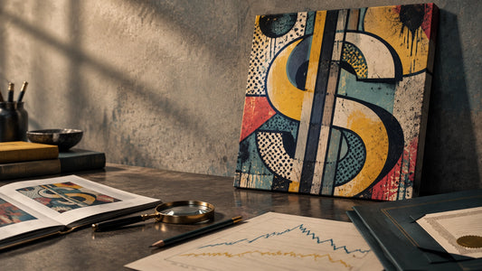 Character-free editorial composition of a pop art canvas beside an auction catalogue, archival certificate and market chart o