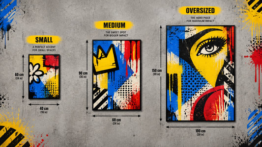 Graphic editorial size guide showing small, medium and oversized pop art canvases against a textured wall with measurement ma