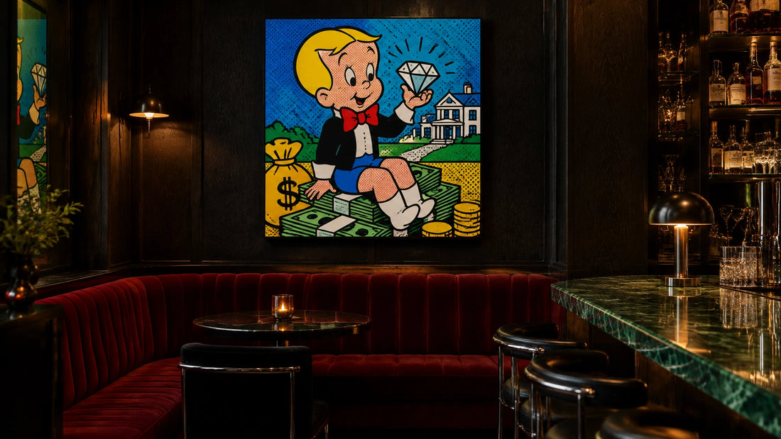 Richie Rich art in a moody home bar mockup with blackened timber walls, oxblood-red velvet banquette, green marble bar top, s