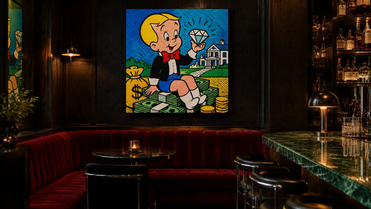 Richie Rich art in a moody home bar mockup with blackened timber walls, oxblood-red velvet banquette, green marble bar top, s