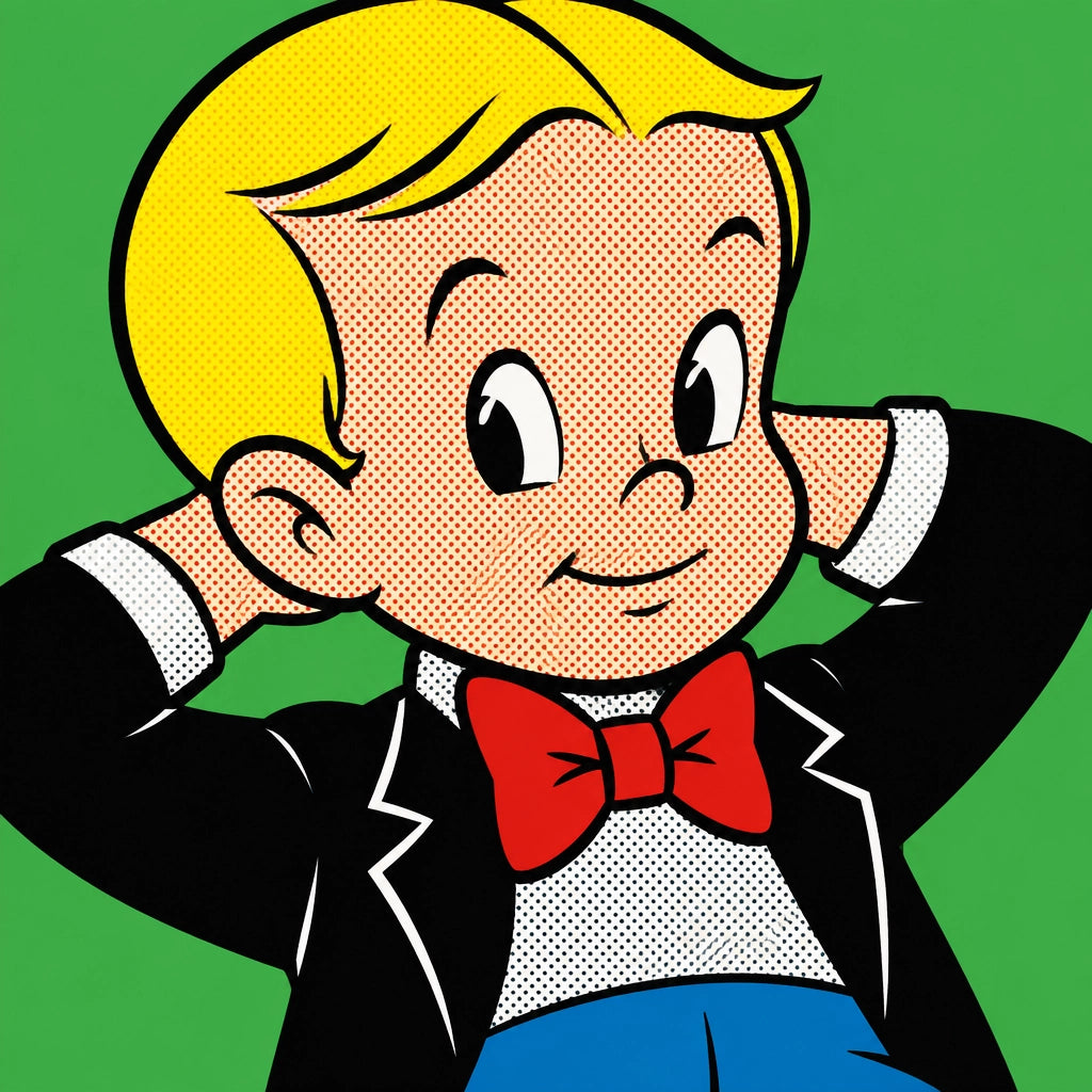 Money wall art bedroom pop art canvas featuring Richie Rich art in a tight chest-up portrait with calm half-smile, green back