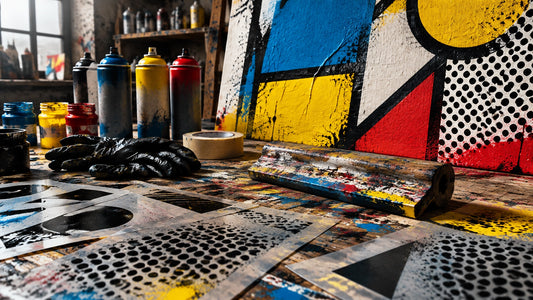Gritty studio workbench with stencils, spray cans, gloves and a half-finished abstract pop art canvas in dramatic raking ligh