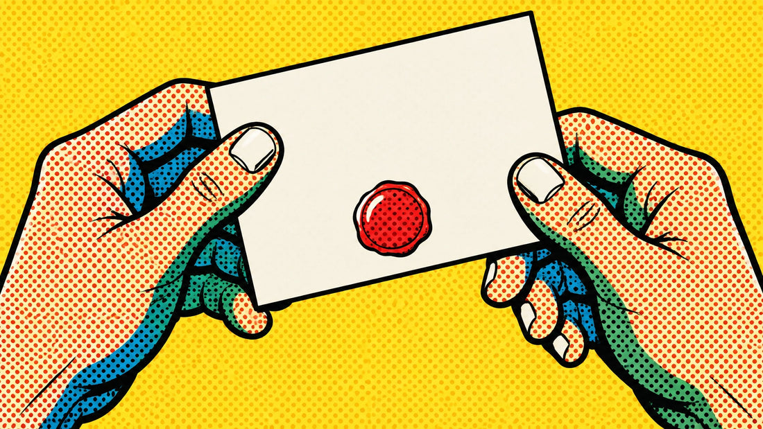 Provenance pop art canvas detail with hands holding a blank wax-sealed certificate card, certificate of authenticity art in F
