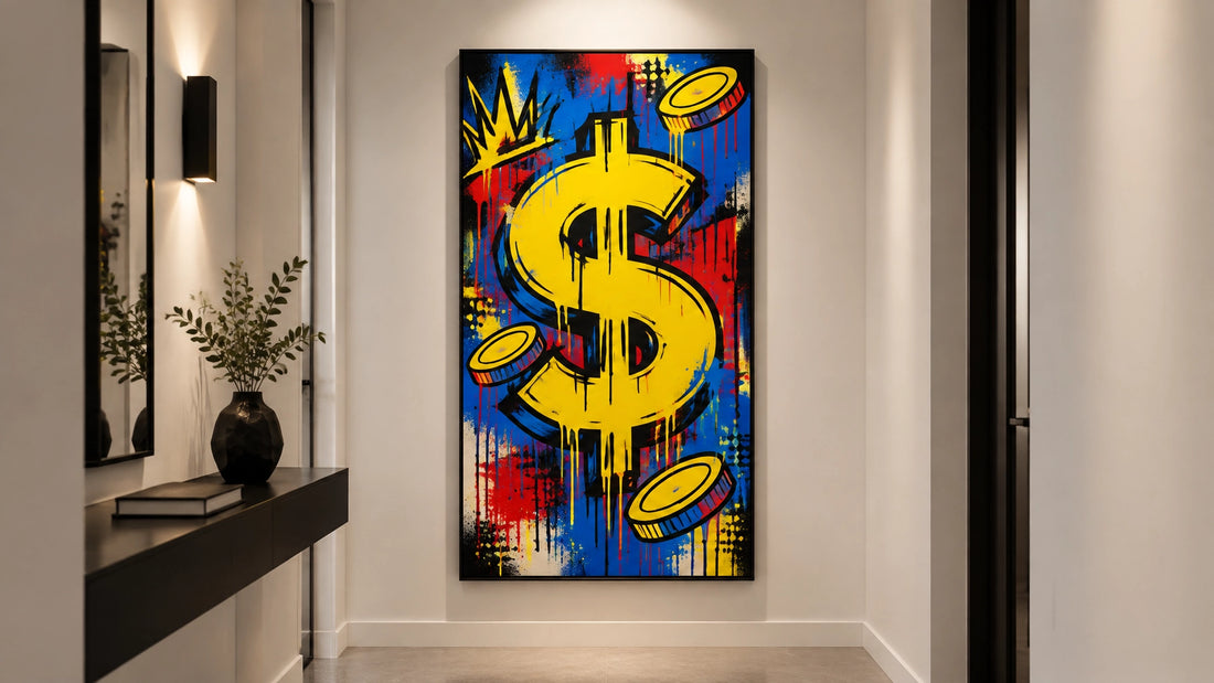Photorealistic compact hallway with a bold character-free pop art canvas, electric blue and canary yellow graffiti textures, 