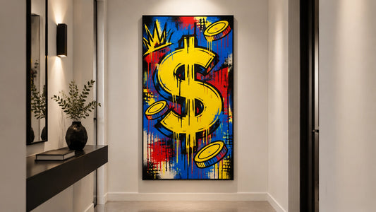 Photorealistic compact hallway with a bold character-free pop art canvas, electric blue and canary yellow graffiti textures, 