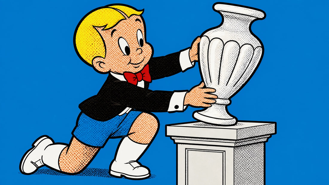 Richie Rich art in FFUR luxury street art pop art canvas styling, sliding a sculptural white vase onto a pedestal in a dynami