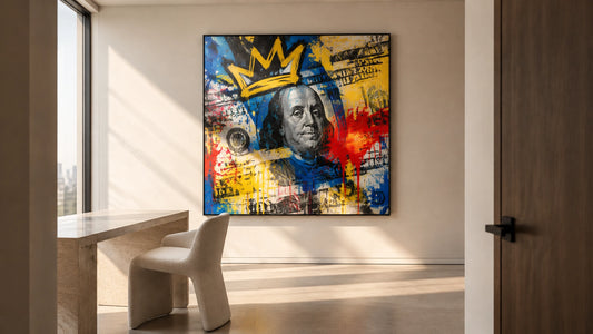 Bright modern morning room with a bold money-themed canvas catching soft daylight, minimal styling and no characters