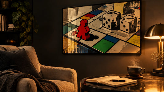Photorealistic Sunday evening ritual with Monopoly-inspired wall art, an open journal, warm tea and dim amber lighting
