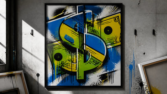 Abstract money wall art in a bold street-art gallery setting, ready for a weekend room refresh