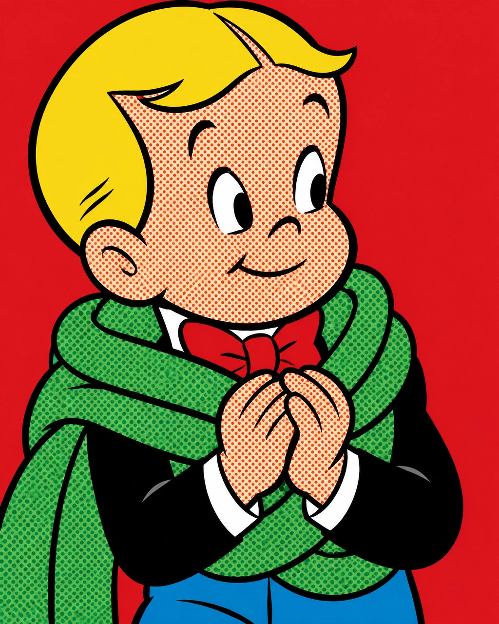 Money wall art winter mood featuring Richie Rich in a cosy chest-up portrait with scarf, bold halftone pop art canvas and sea