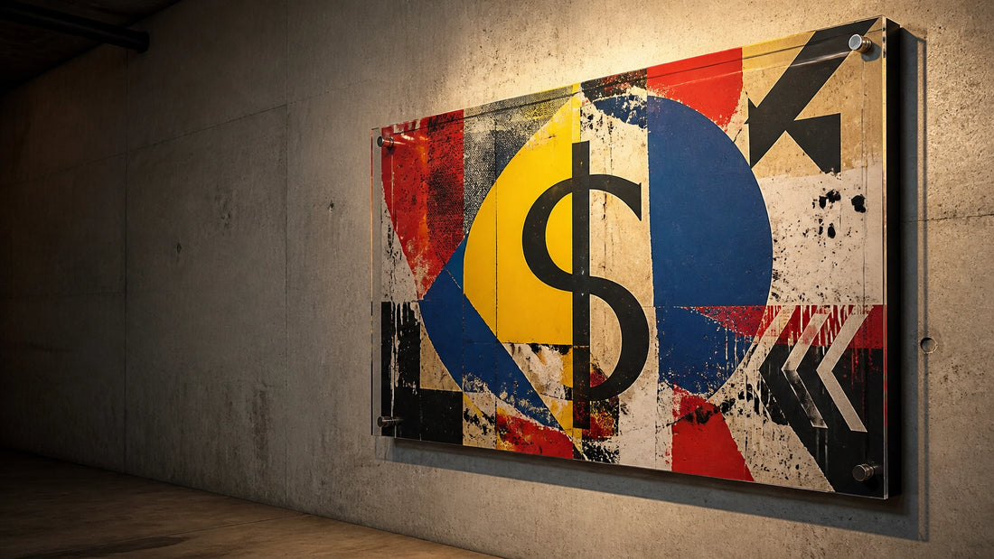 Abstract Money Wall Art installation on a textured gallery wall with electric blue, canary yellow and black graffiti-inspired