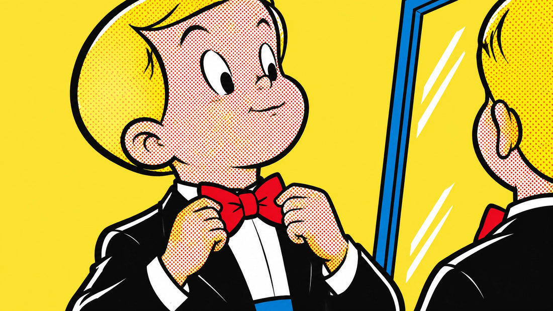 Richie Rich art chest-up portrait checking red bowtie in luxury canvas wall art dressing room style, walk-in wardrobe art pop