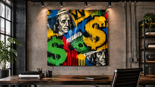 Industrial loft workspace with raw concrete, steel beams, exposed pipes and bold money-themed pop-graffiti canvas