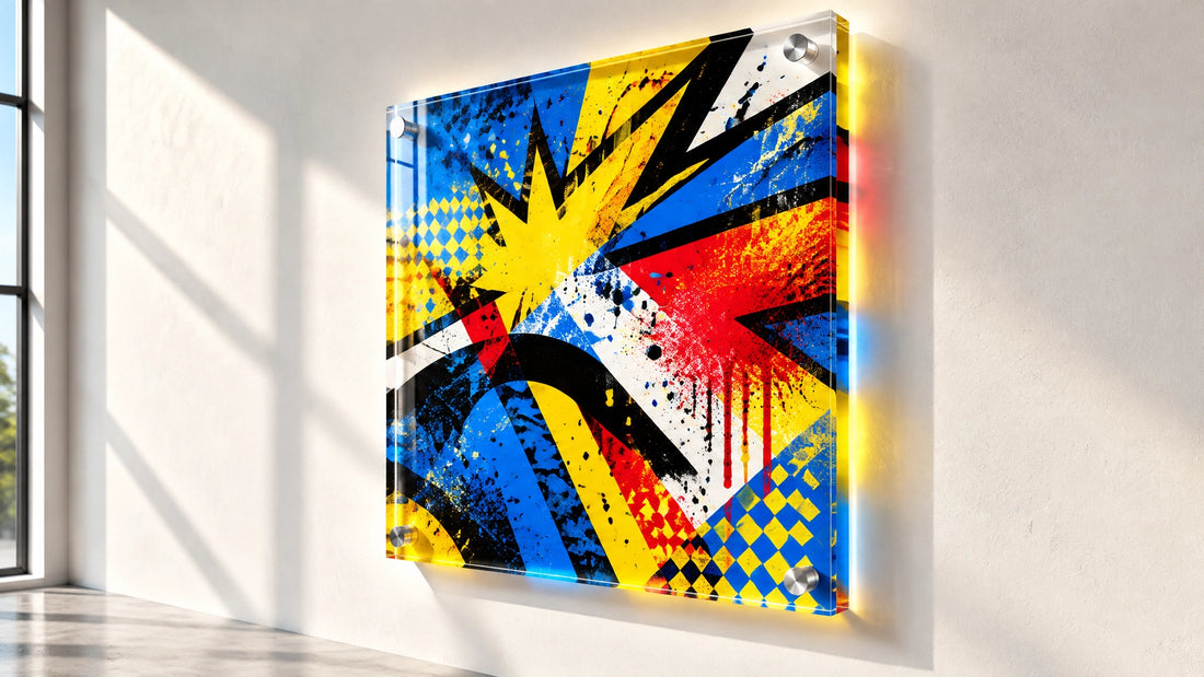 Character-free abstract pop-graffiti acrylic print on a sunlit wall showing luminous edge light, layered depth and saturated 