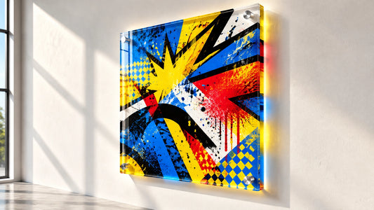 Character-free abstract pop-graffiti acrylic print on a sunlit wall showing luminous edge light, layered depth and saturated 