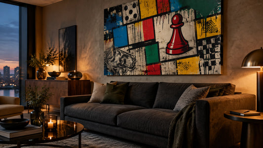 Calm Friday evening living room with a bold Monopoly-inspired pop-graffiti canvas, warm amber lighting, charcoal sofa and ref