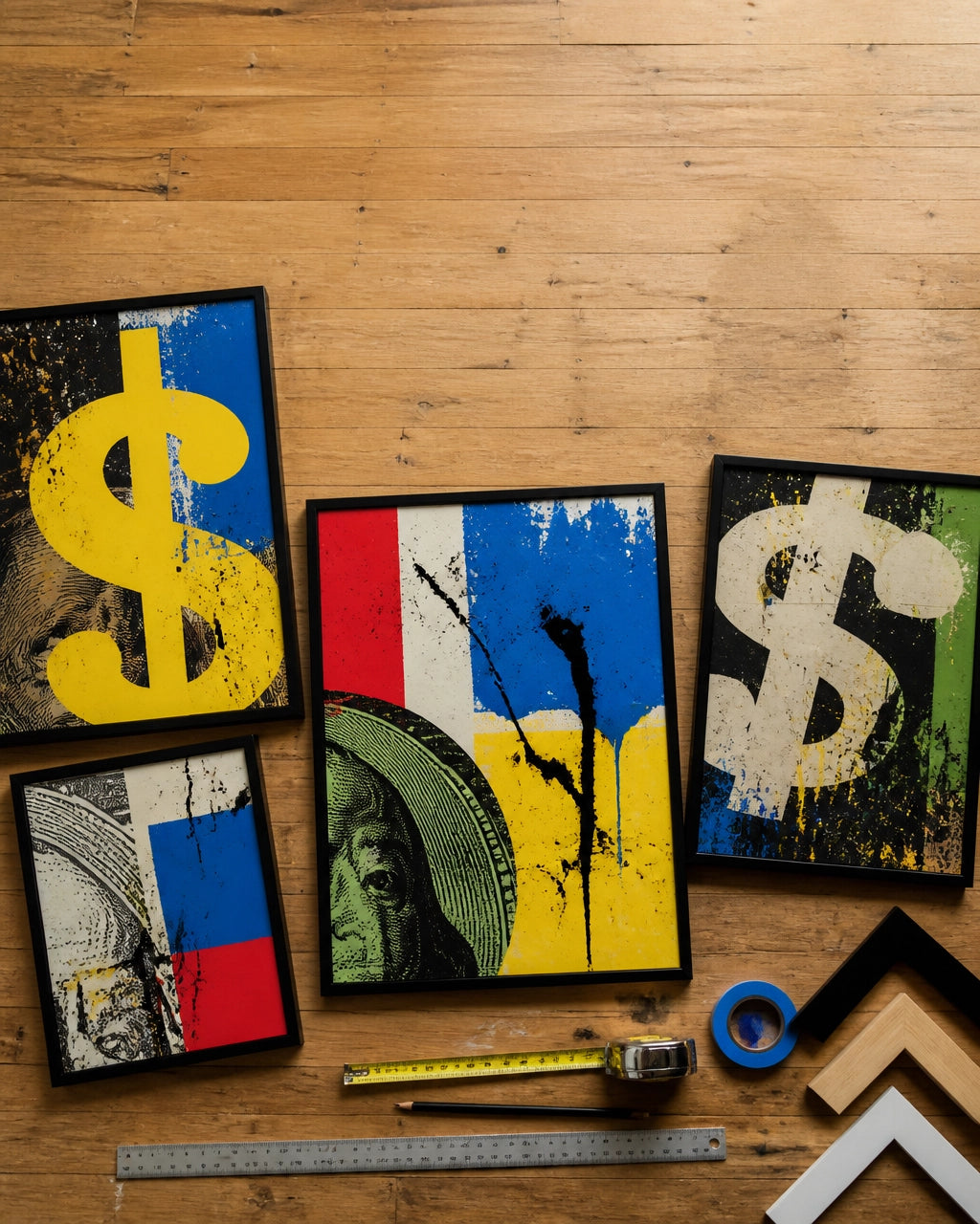 Hands-free overhead flat-lay of framed abstract money-themed prints arranged on a wooden floor with measuring tape, painter’s