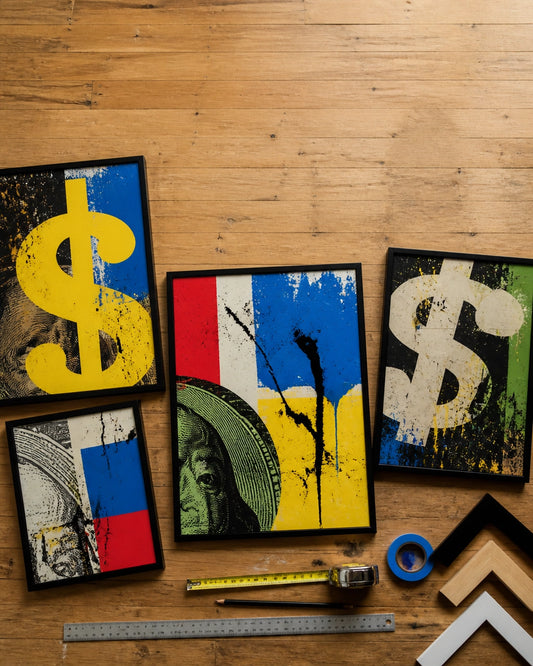 Hands-free overhead flat-lay of framed abstract money-themed prints arranged on a wooden floor with measuring tape, painter’s