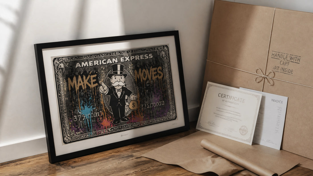First framed money-art print leaning against a wall on a warm wooden floor beside brown paper, twine, certificate and invoice