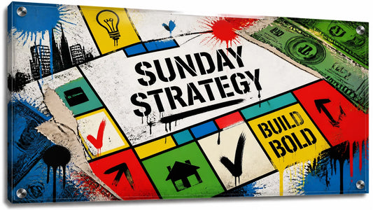 Abstract Monopoly-inspired street-art strategy board in electric blue, canary yellow, red, and black