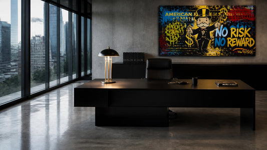 Photoreal sleek executive office with a glass wall, concrete floor, minimal black desk, cool daylight, one warm accent lamp a