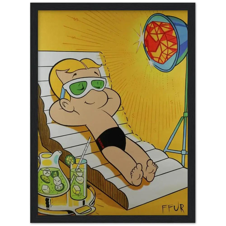 Framed FFUR money-themed wall art with bold colour, premium black framing and a strong pop-art composition