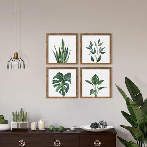 ArtbyHannah Framed Bathroom Wall Art Set of 4 for Botanical Wall Decor Green Plant Picture Frame Collage Set for Home Living Room Decoration (Walnut, 10x10)