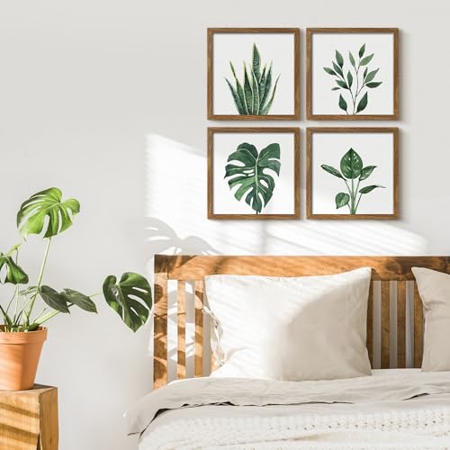 ArtbyHannah Framed Bathroom Wall Art Set of 4 for Botanical Wall Decor Green Plant Picture Frame Collage Set for Home Living Room Decoration (Walnut, 10x10)