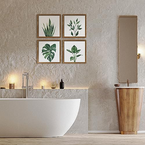 ArtbyHannah Framed Bathroom Wall Art Set of 4 for Botanical Wall Decor Green Plant Picture Frame Collage Set for Home Living Room Decoration (Walnut, 10x10)