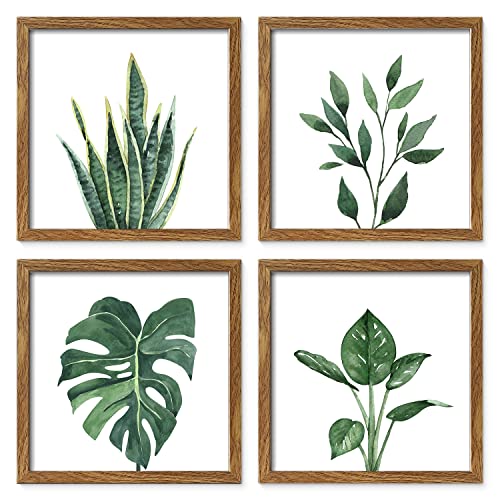 ArtbyHannah Framed Bathroom Wall Art Set of 4 for Botanical Wall Decor Green Plant Picture Frame Collage Set for Home Living Room Decoration (Walnut, 10x10)